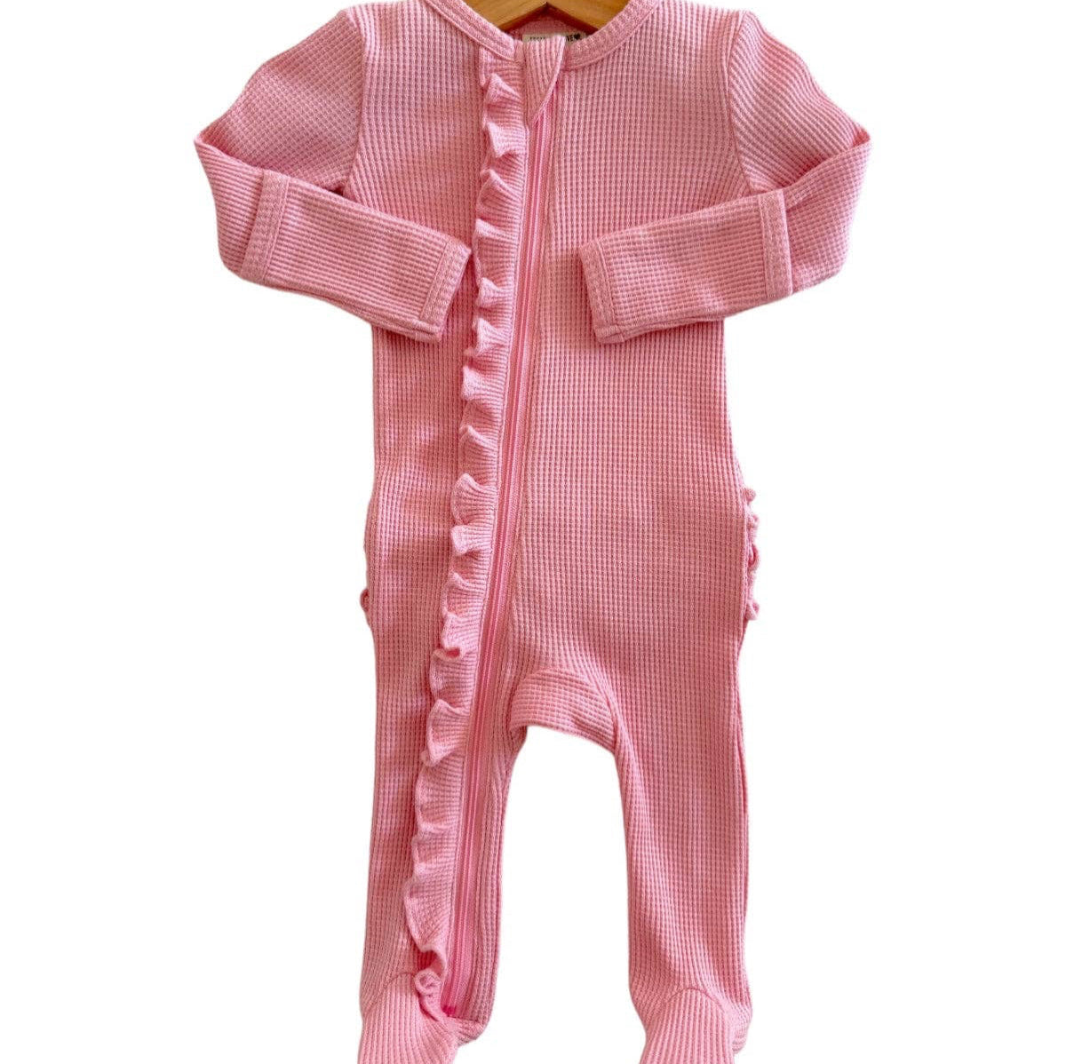SpearmintLOVE Organic Waffle Ruffle Zip Footie, Pink