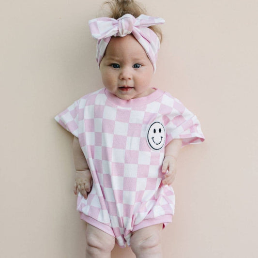 Short Sleeve Lucky Panda Kids Bubble Romper | Checkered Smiley Pink