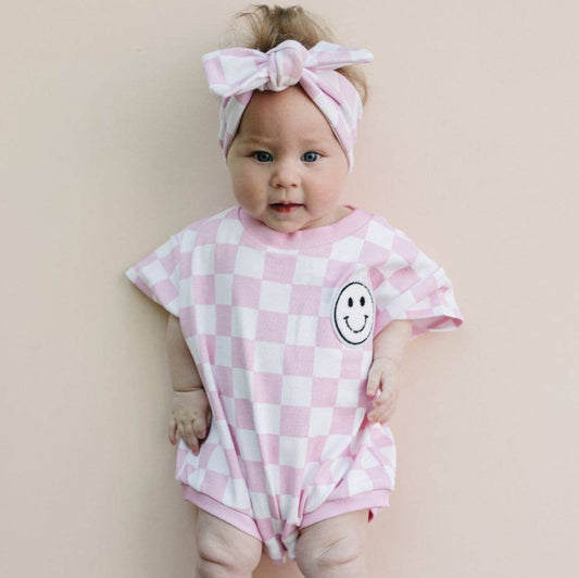 Short Sleeve Lucky Panda Kids Bubble Romper | Checkered Smiley Pink