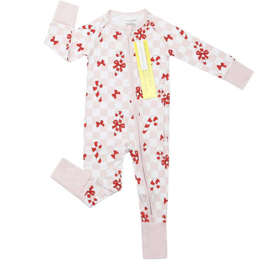 Christmas Baby Bamboo Lucky Panda Kids Zip Romper | Bows & Candy Cane
