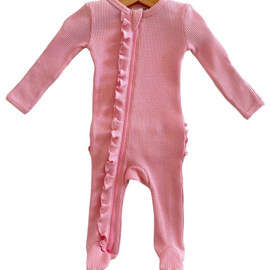 SpearmintLOVE Organic Waffle Ruffle Zip Footie, Pink