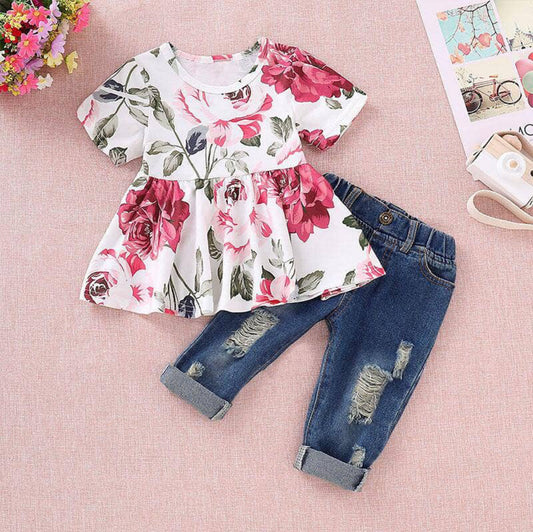 2-Piece Baby Girl 95% Cotton Ripped Denim Jeans & Floral Top