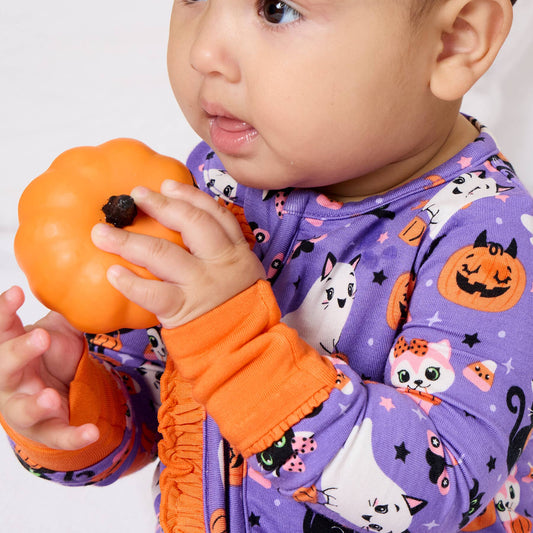 SoftSnooze™ Baby Girls Bamboo Viscose Boo-tiful Kittens Convertible Ruffle One Piece Footie Pajama