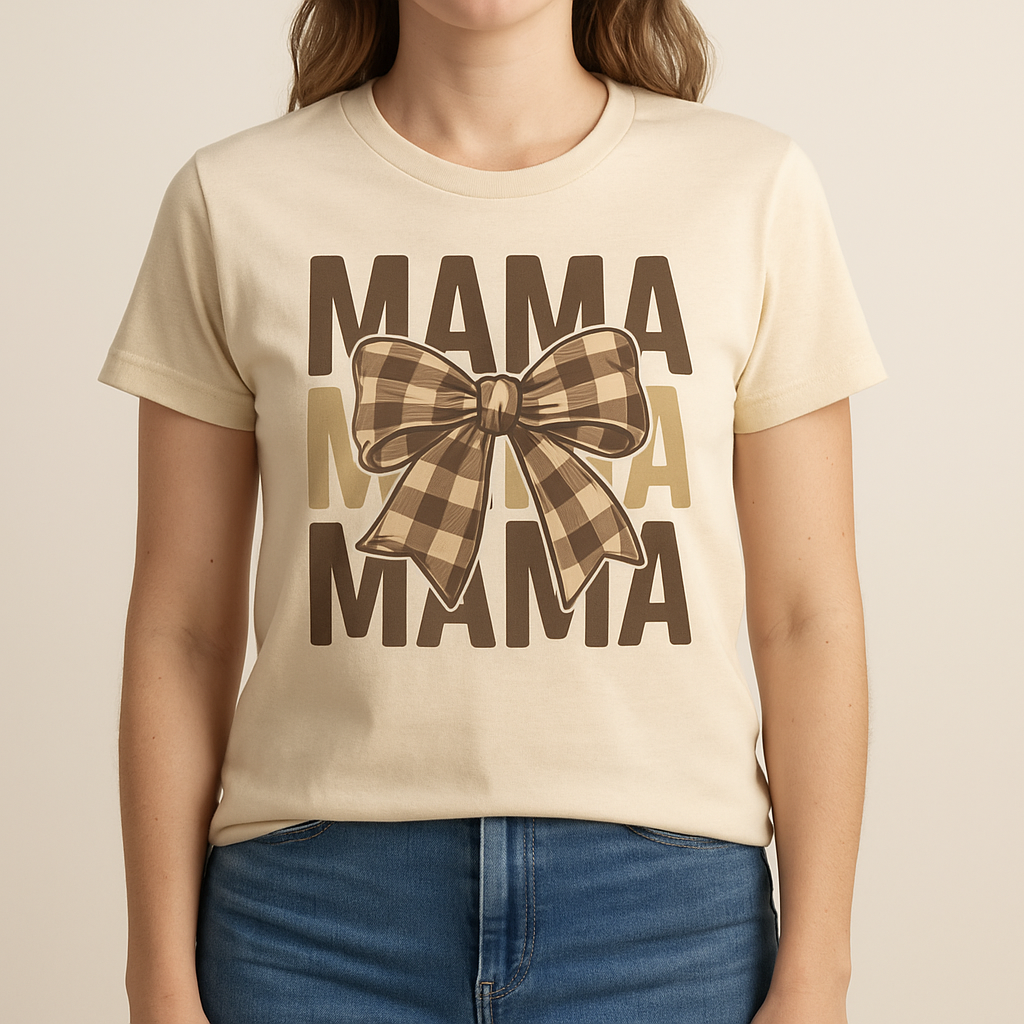 MAMA Checkered Bow Tee – Light Tan