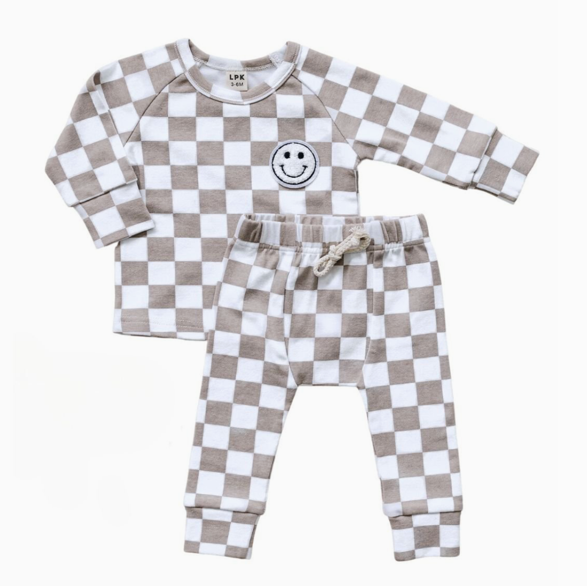 Lucky Panda Kids Checkered Smiley Lounge Set | Latte