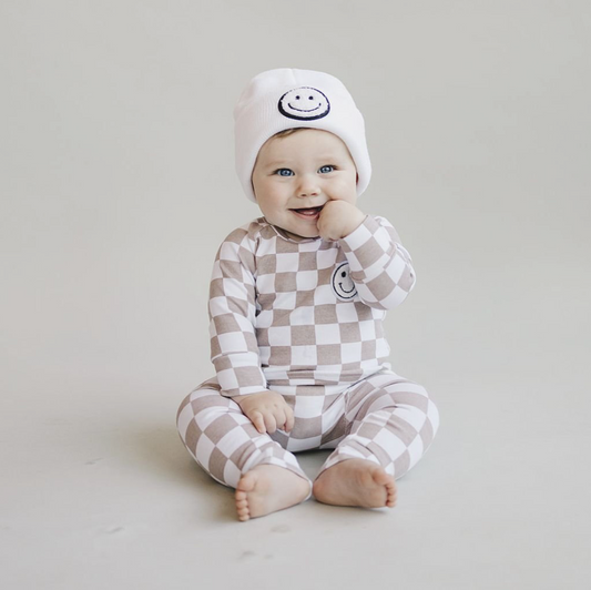 Lucky Panda Kids Checkered Smiley Lounge Set | Latte