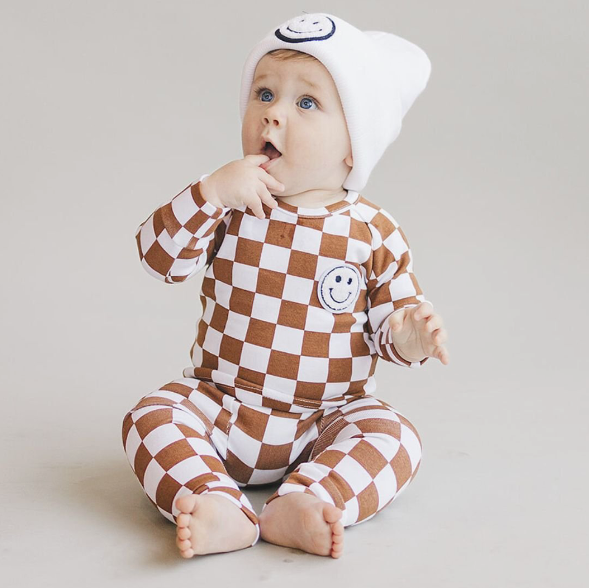Lucky Panda Kids Checkered Smiley Lounge Set | Copper