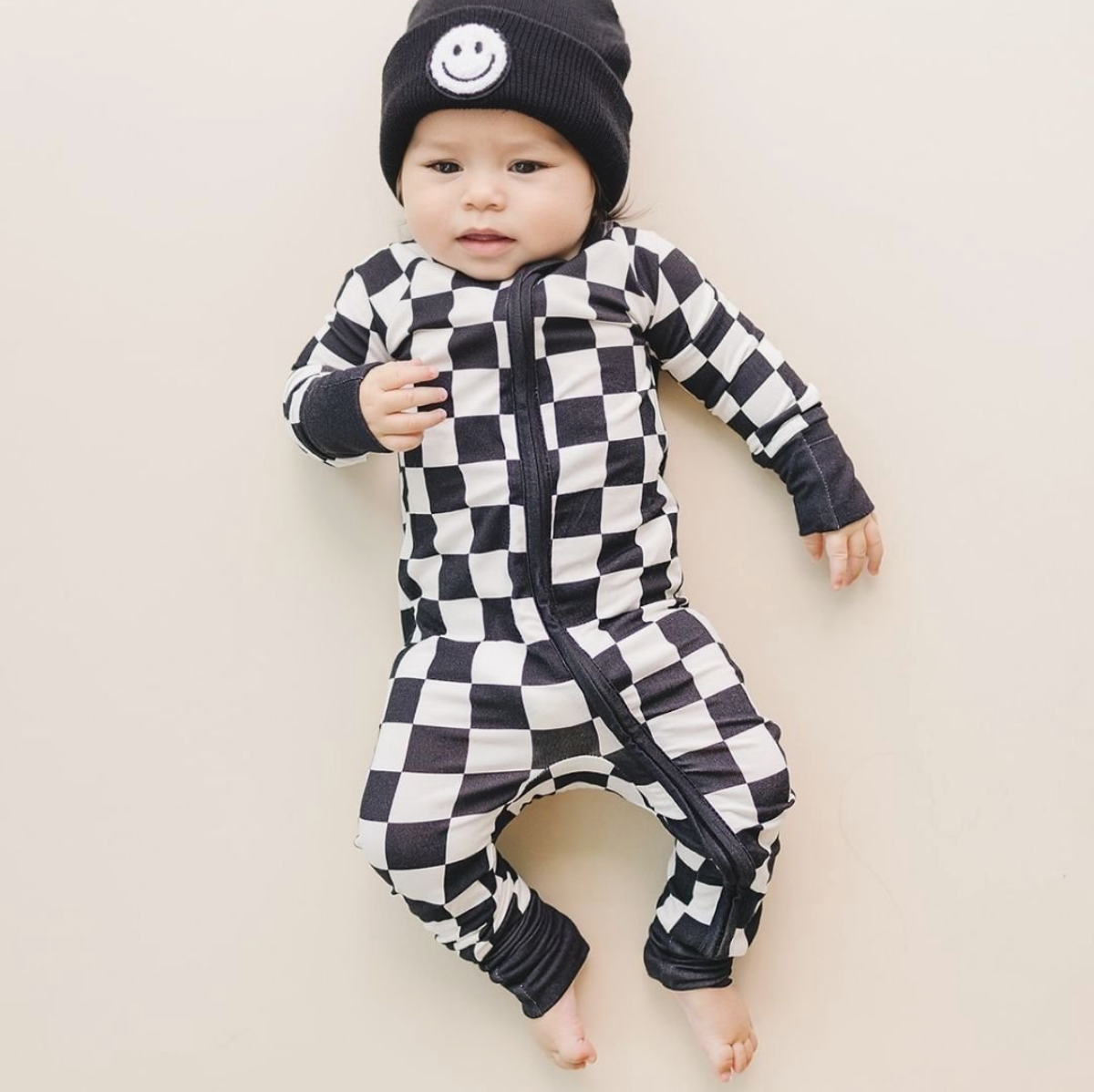 Lucky Panda Kids Bamboo Zip Romper | Black Checkered