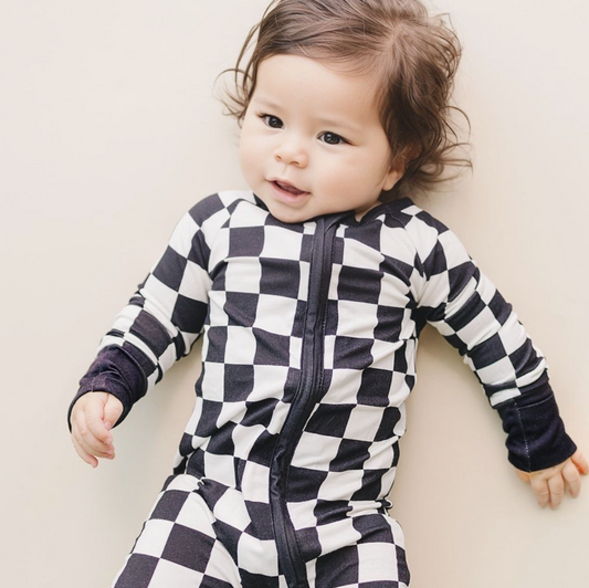 Lucky Panda Kids Bamboo Zip Romper | Black Checkered