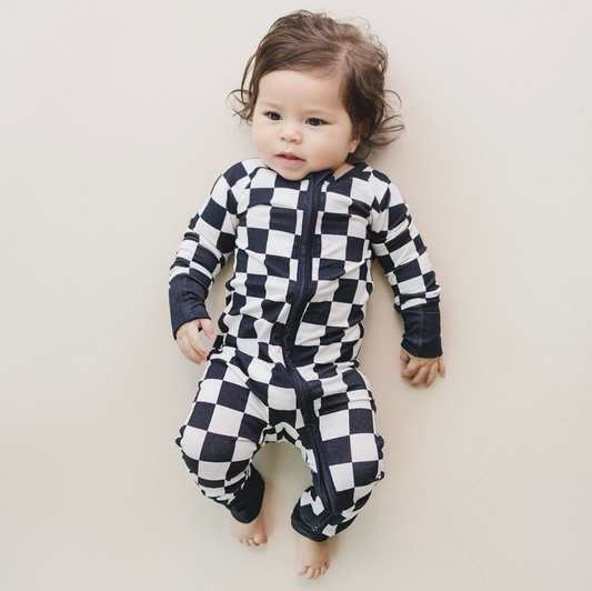 Lucky Panda Kids Bamboo Zip Romper | Black Checkered