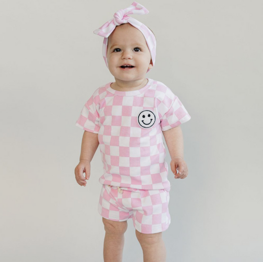 Lucky Panda Kids Checkered Shorts Set | Pink