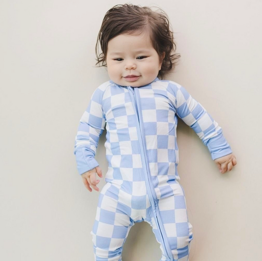 Lucky Panda Kids Bamboo Zip Romper | Blue Checkered