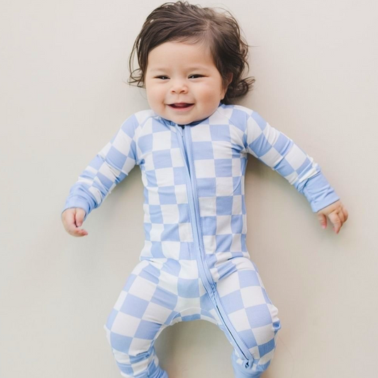 Lucky Panda Kids Bamboo Zip Romper | Blue Checkered