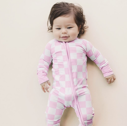 Lucky Panda Kids Bamboo Zip Romper | Pink Checkered
