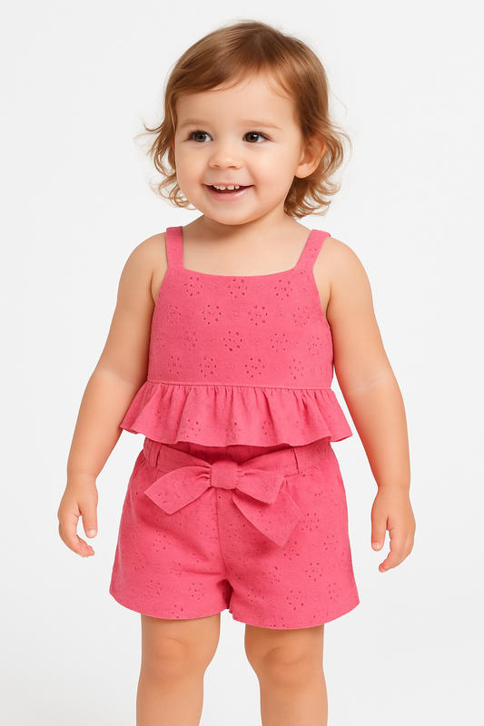 3pcs Baby Girl Eyelet Embroidered Tank Top & Shorts & Belt