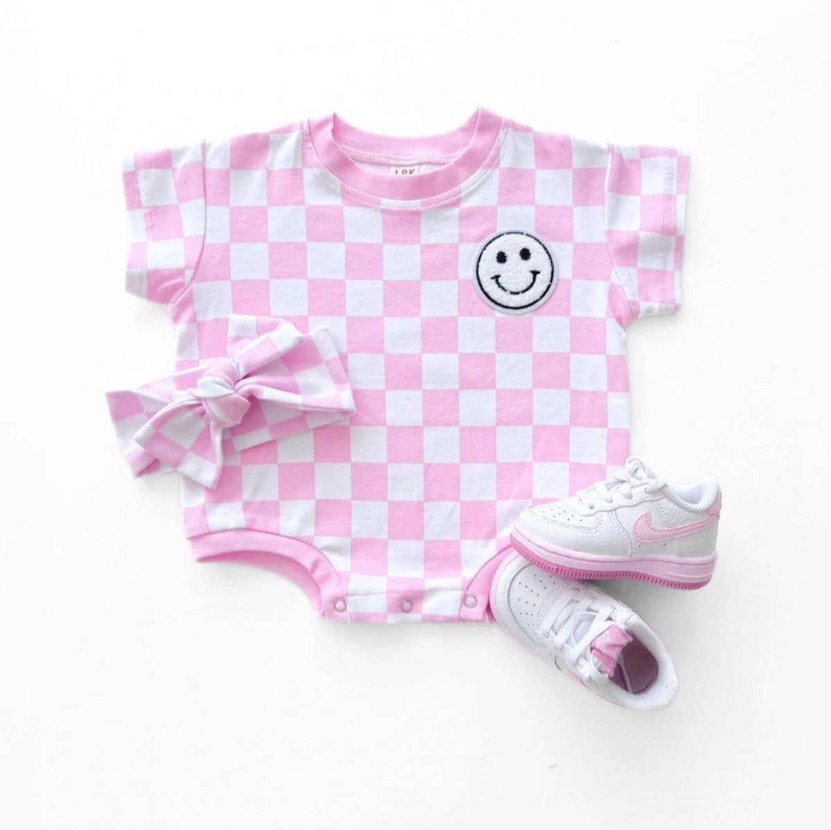 Short Sleeve Lucky Panda Kids Bubble Romper | Checkered Smiley Pink