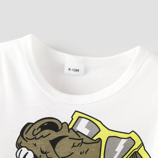 2pcs Baby Boy Glasses Dinosaur Print Tee and Cargo Shorts