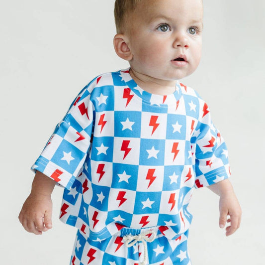 4th of July Lucky Panda Kids Shorts Set | Checks & Stars
