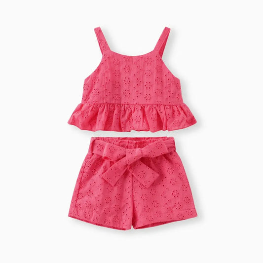 3pcs Baby Girl Eyelet Embroidered Tank Top & Shorts & Belt