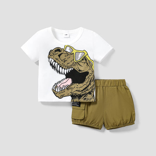 2pcs Baby Boy Glasses Dinosaur Print Tee and Cargo Shorts
