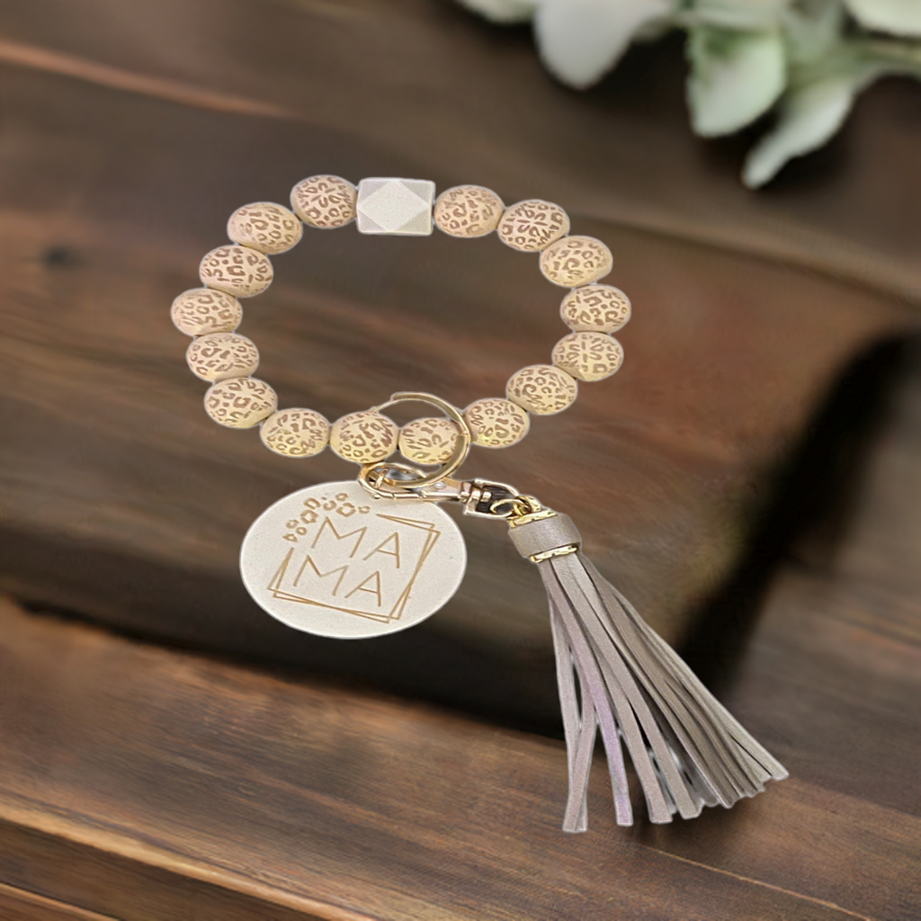 All Wooden Beads Leopard Mama Engraved Disc Wristlet | Cream