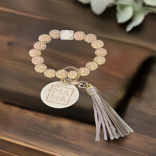 All Wooden Beads Leopard Mama Engraved Disc Wristlet | Cream