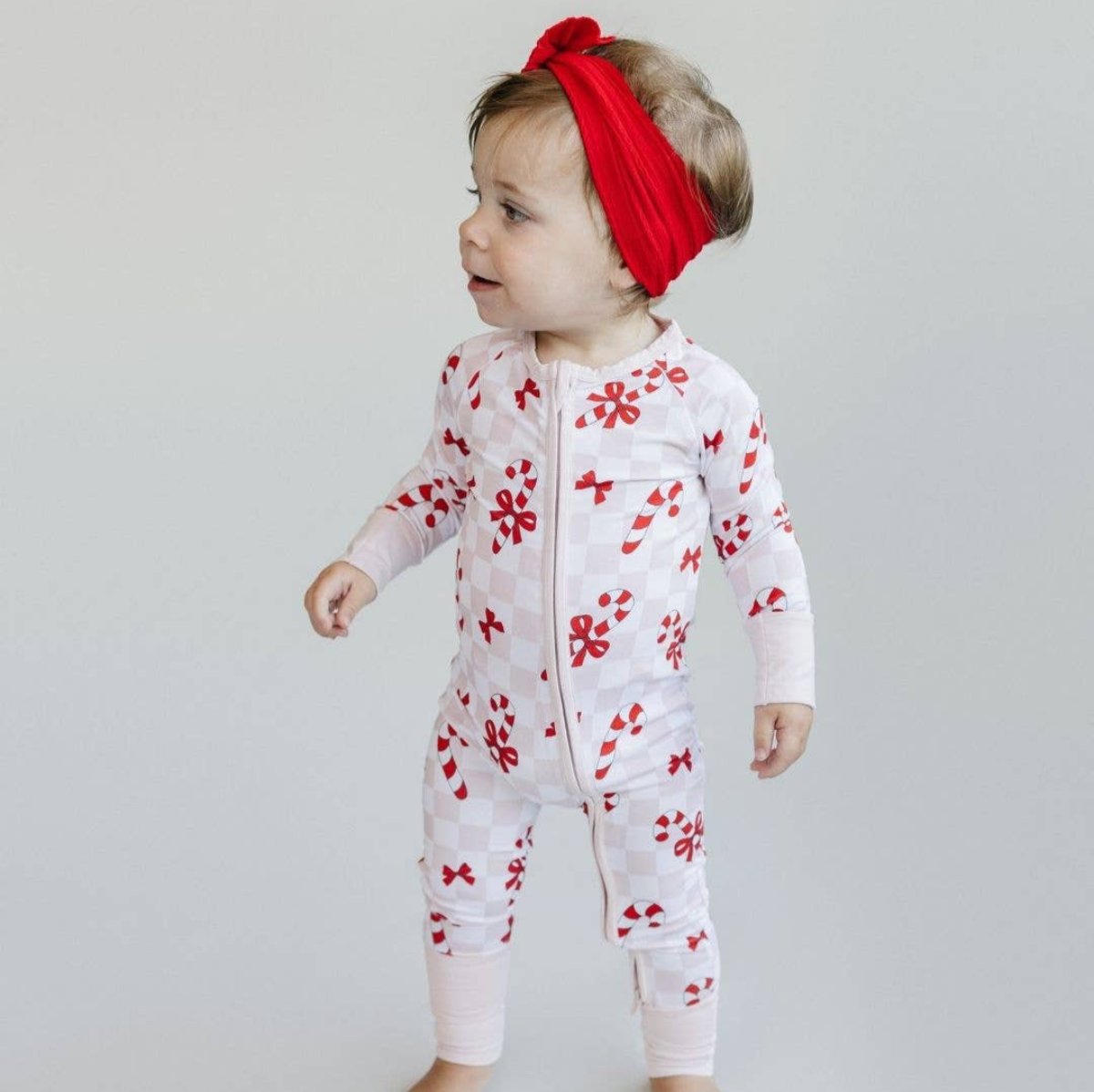 Christmas Baby Bamboo Lucky Panda Kids Zip Romper | Bows & Candy Cane