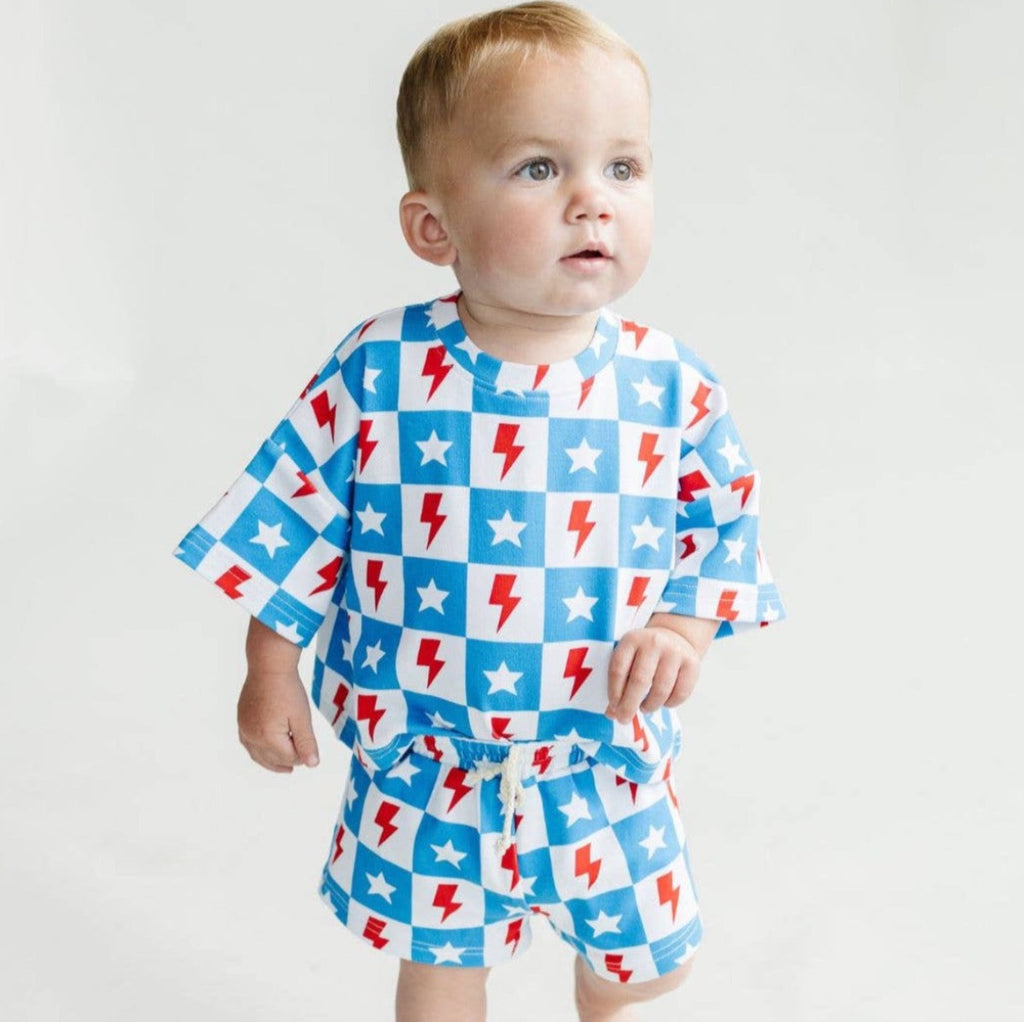 4th of July Lucky Panda Kids Shorts Set | Checks & Stars