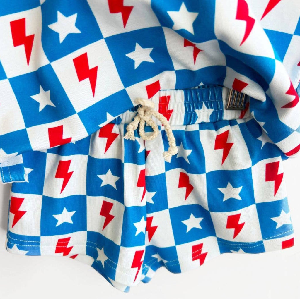 4th of July Lucky Panda Kids Shorts Set | Checks & Stars