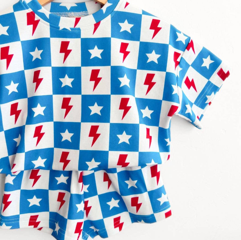 4th of July Lucky Panda Kids Shorts Set | Checks & Stars