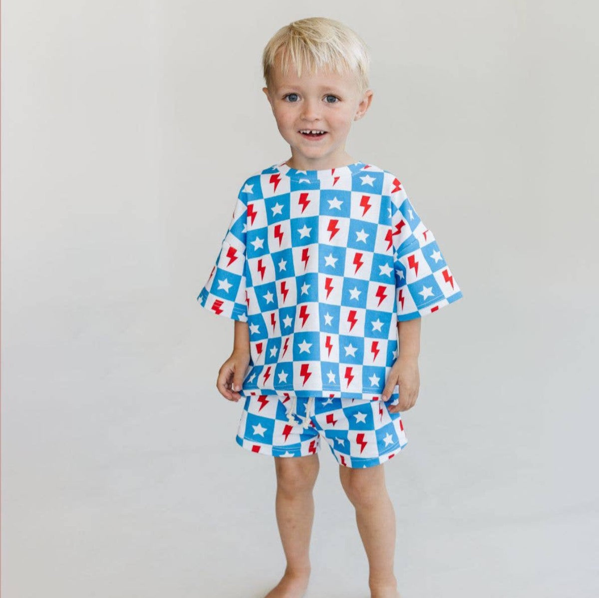 4th of July Lucky Panda Kids Shorts Set | Checks & Stars