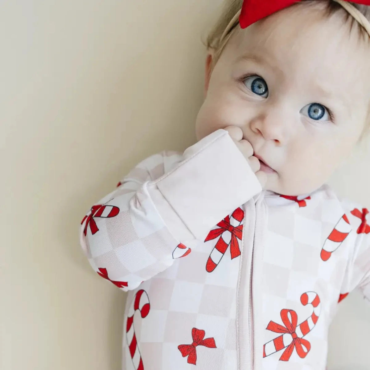 Christmas Baby Bamboo Clothes Zip Romper | Bows & Candy Cane