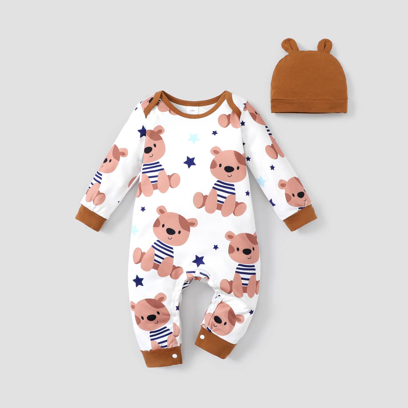 2pcs Baby Boy Allover Bear Print Long-sleeve Jumpsuit and