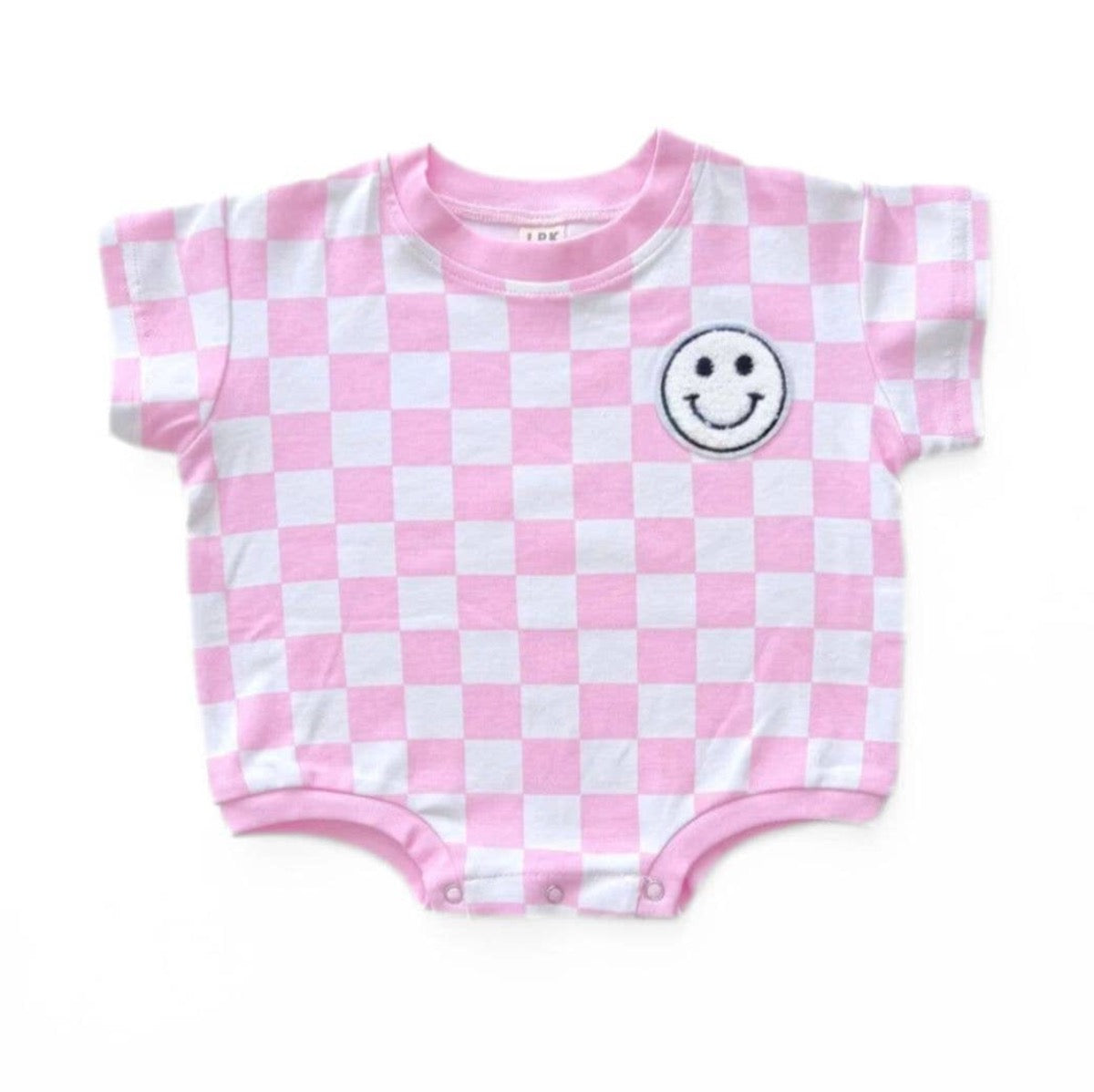 Short Sleeve Bubble Romper | Checkered Smiley Pink