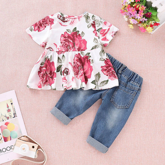 2-Piece Baby Girl 95% Cotton Ripped Denim Jeans & Floral Top