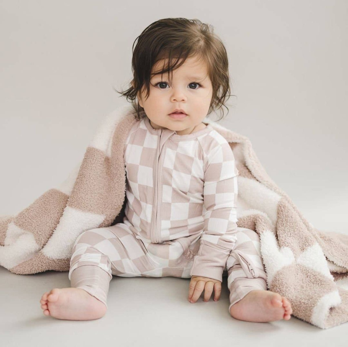 Bamboo Baby Unisex Clothing Zip Romper | Latte Checkered