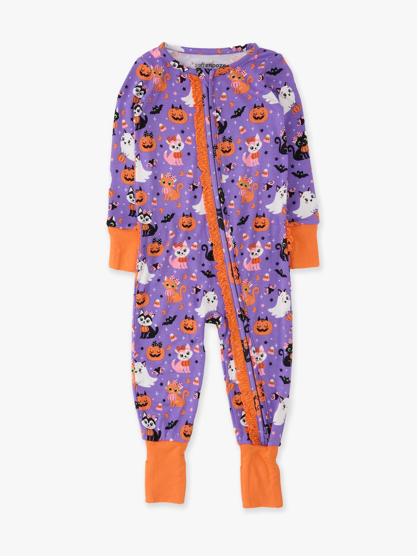 SoftSnooze™ Baby Girls Bamboo Viscose Boo-tiful Kittens Convertible Ruffle One Piece Footie Pajama