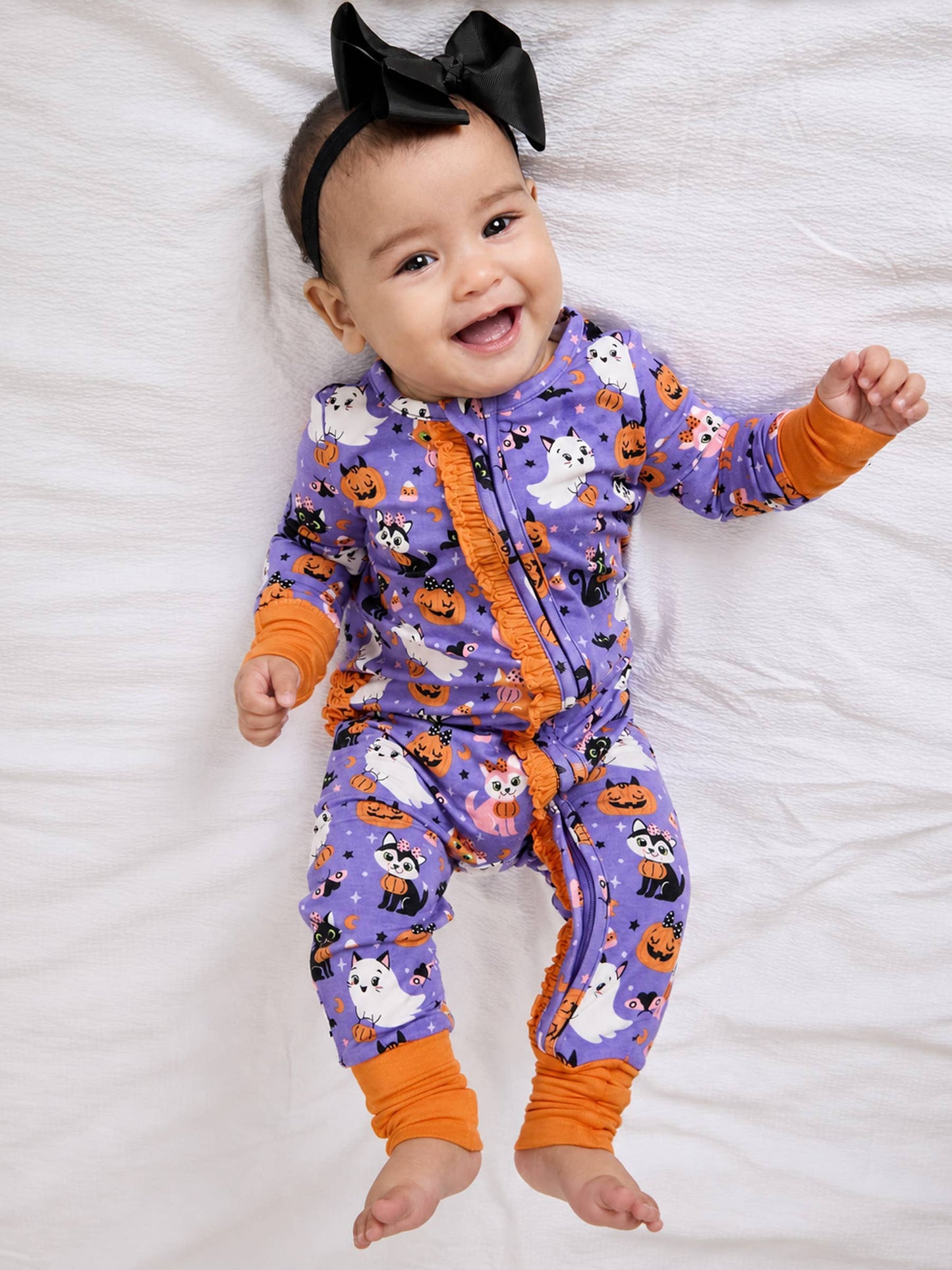 SoftSnooze™ Baby Girls Bamboo Viscose Boo-tiful Kittens Convertible Ruffle One Piece Footie Pajama