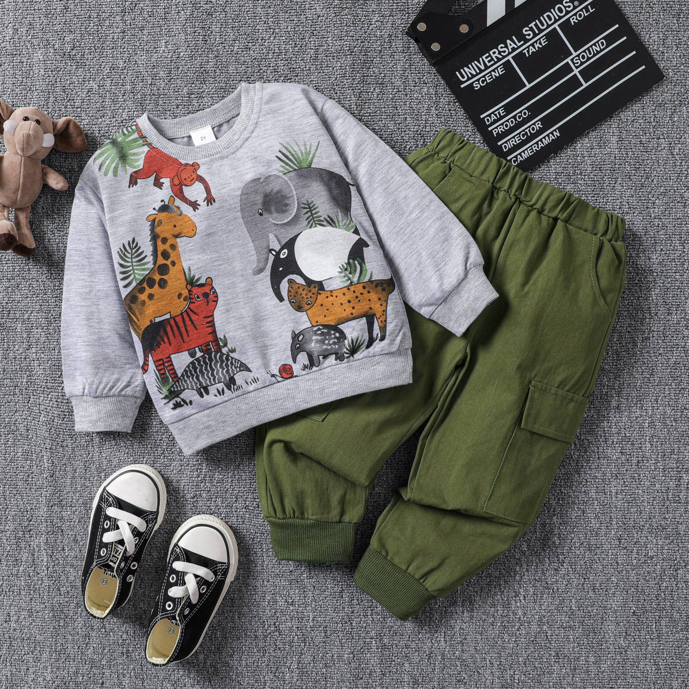 2pcs Toddler Boy Animal Pattern Patch Pocket Set