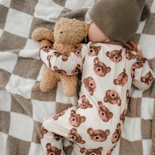 Gender Neutral Double Zipper Soft Sleeper - Brown Teddy Bear