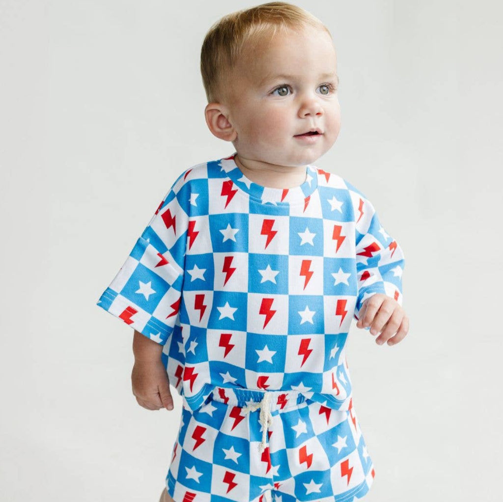 4th of July Lucky Panda Kids Shorts Set | Checks & Stars