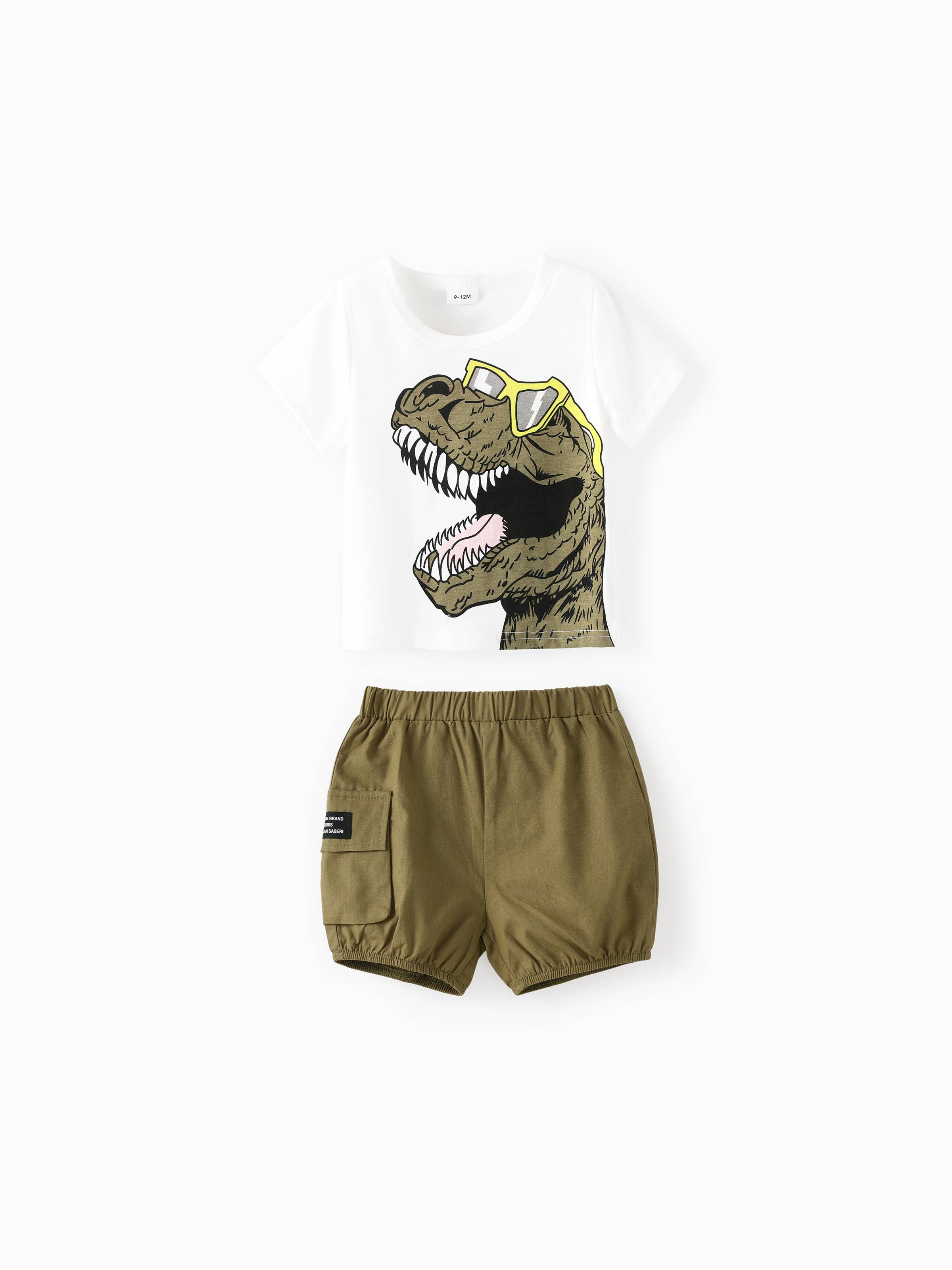 2pcs Baby Boy Glasses Dinosaur Print Tee and Cargo Shorts