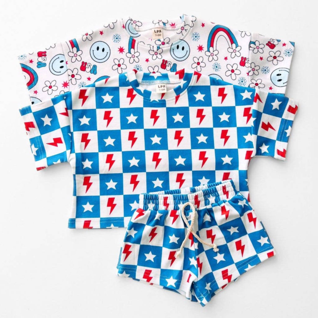 4th of July Lucky Panda Kids Shorts Set | Checks & Stars