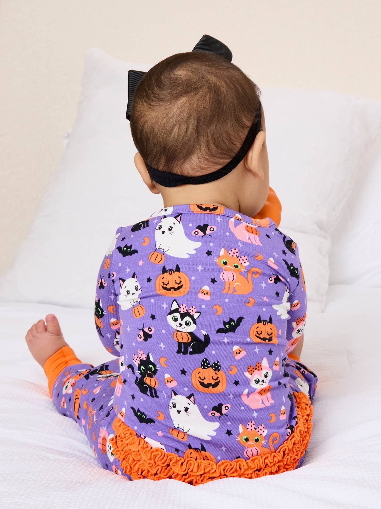SoftSnooze™ Baby Girls Bamboo Viscose Boo-tiful Kittens Convertible Ruffle One Piece Footie Pajama
