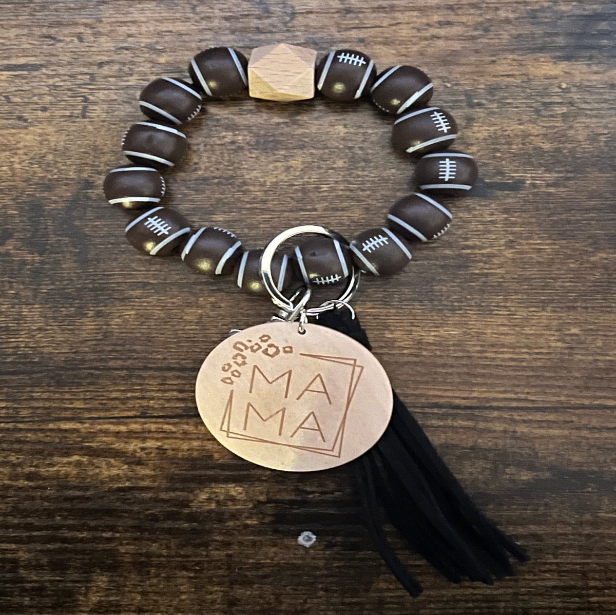 Football Mama Keychain with Wooden Beads