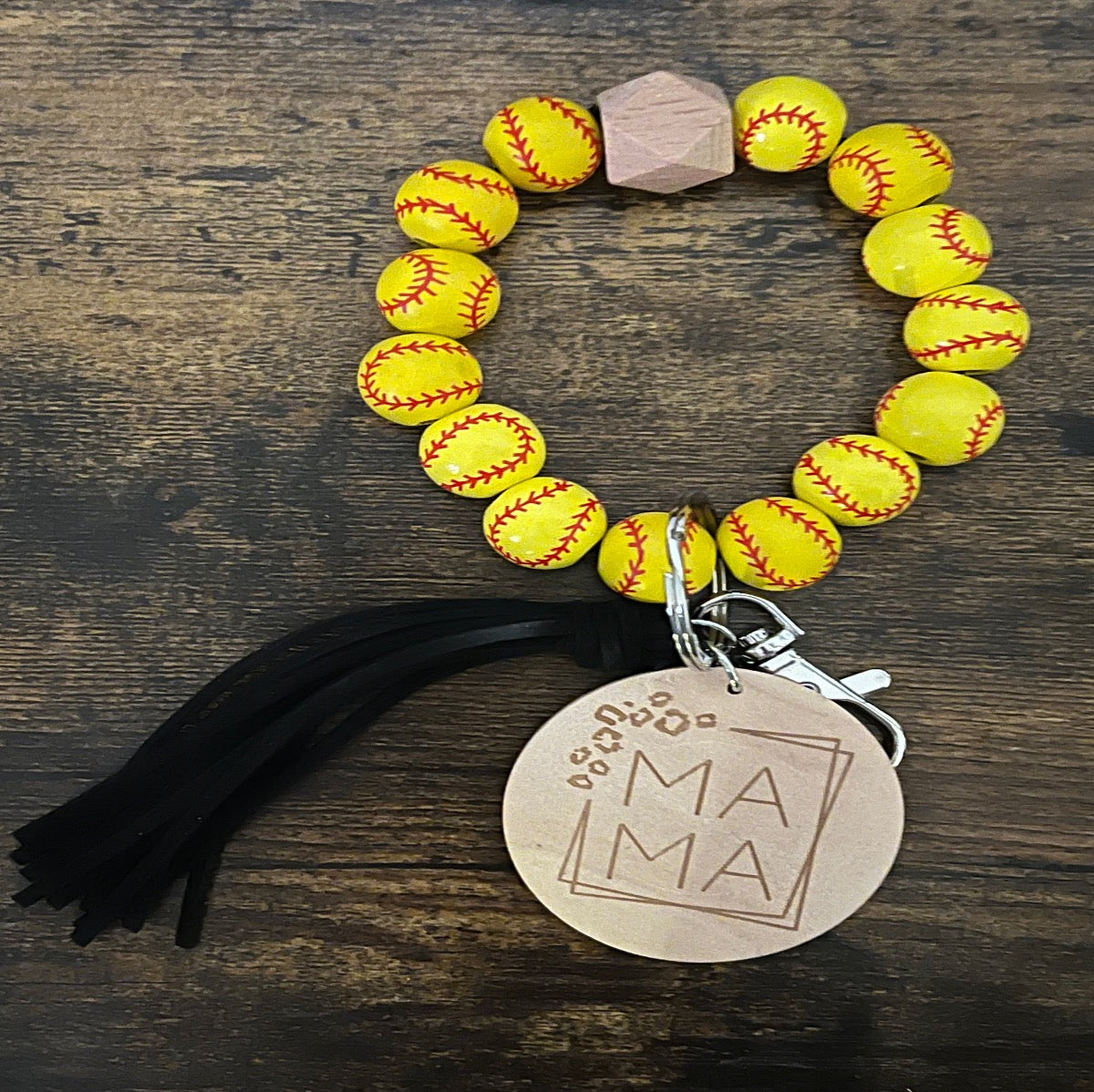 Softball Mama Keychain with Wooden Beads