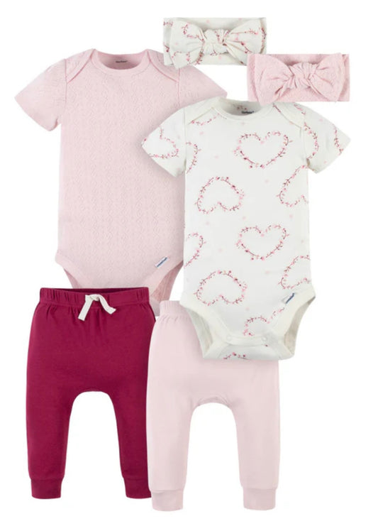 Modern Moments™ by Gerber® 6-Piece Baby Girls Hearts & Pink Onesies® Brand Bodysuit Outfit Set