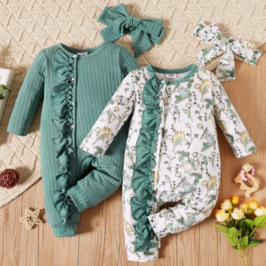 Baby Girl Ribbed Green/White Rabbit Jumpsuit Set