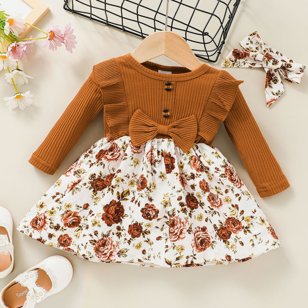 Baby Solid Long Sleeve Floral Dress Set