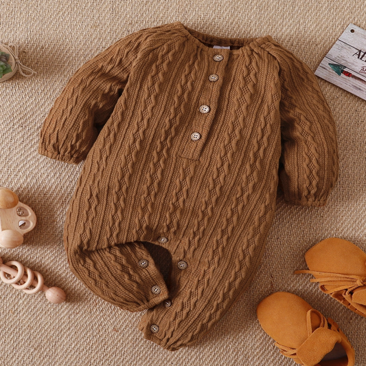 Solid Knitted Button Design Long-Sleeve Baby Jumpsuit